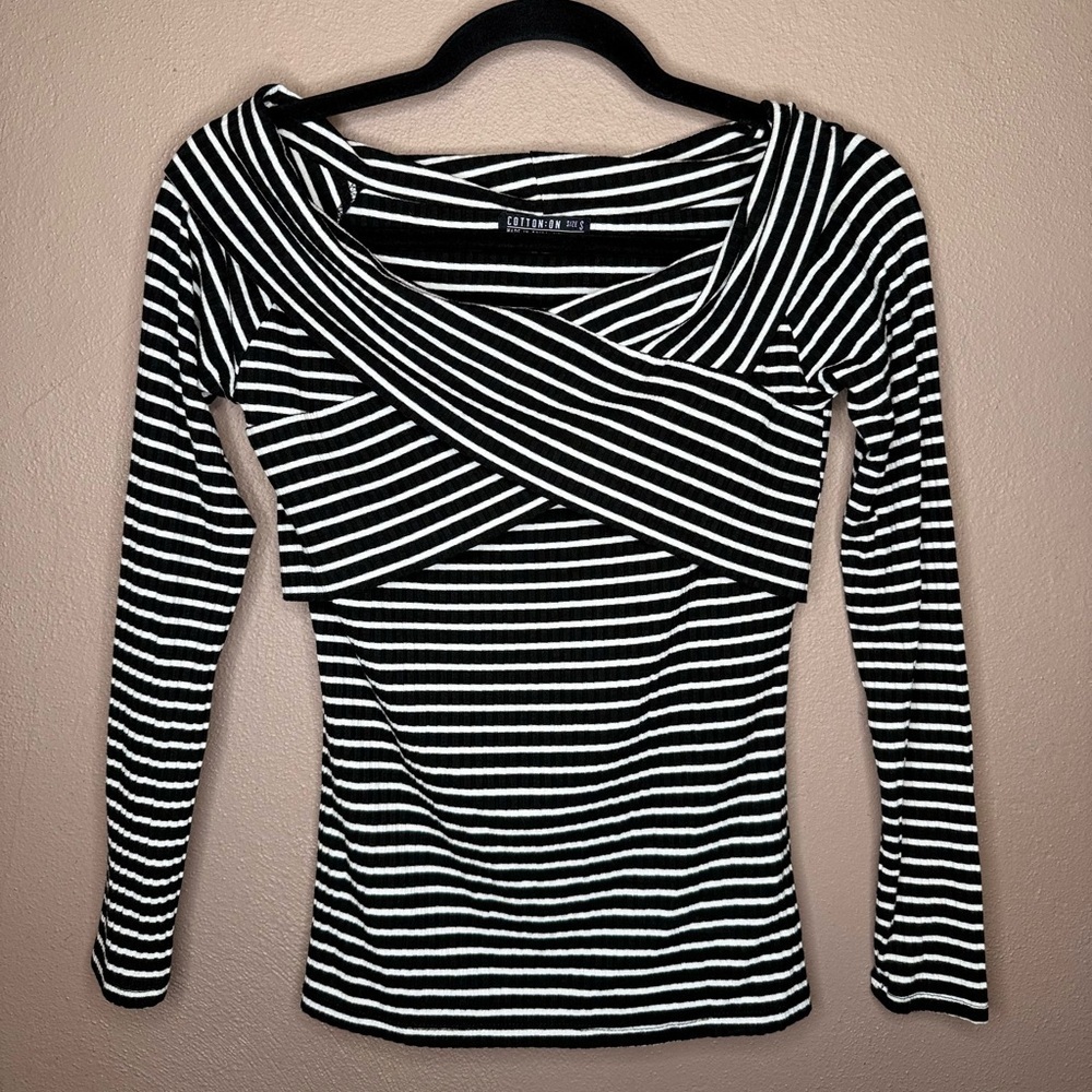 Cotton On Striped Print Ribbed Crossover Long Sleeve Top Size Small Preppy Y2K